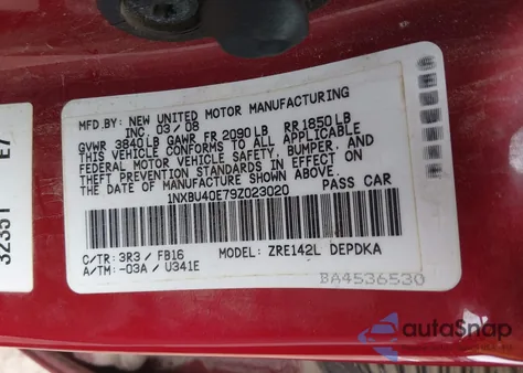 2009 Toyota Corolla Le из США, поврежденный, VIN 1NXBU40E79Z023020